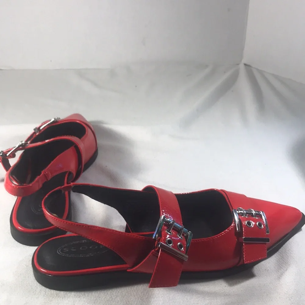 Women’s  Red Vegan Patent Leather Slingback Flats with Double Buckle Detail Sz10